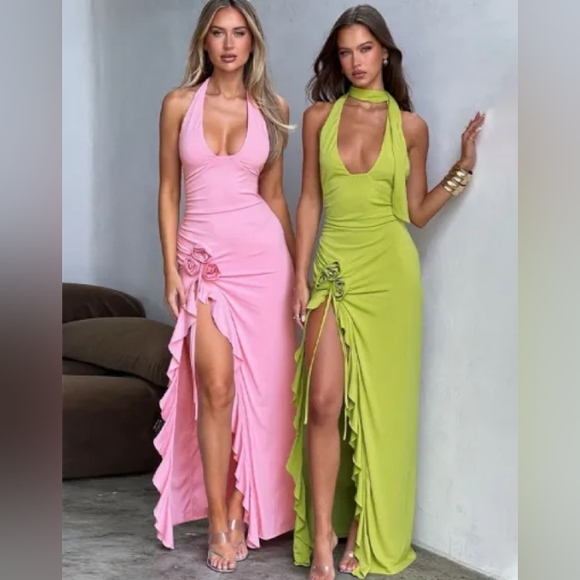 ποΈ$59 Women's NWOT Plunging Halter V-Neck High Slit Backless Dress - Picture 8 of 8